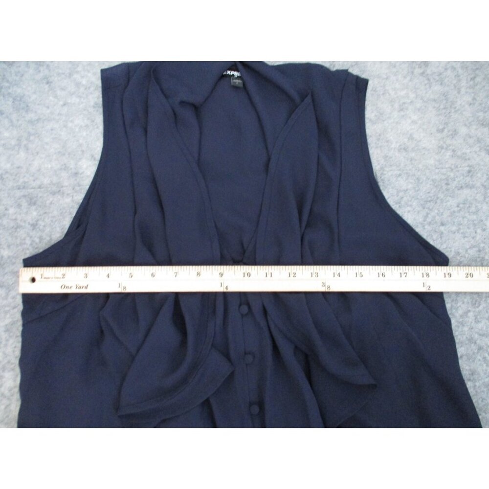Express Button Front Sheer Sleeveless Navy Blue Blouse Womens L Ruffled - Picture 14 of 14